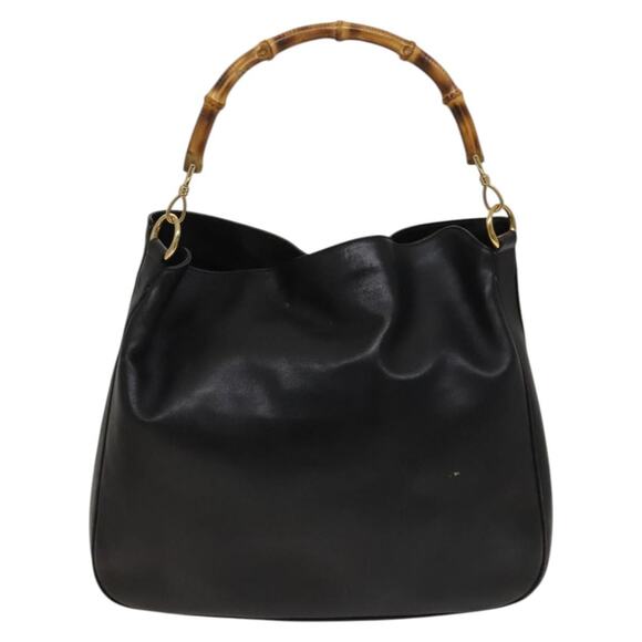 GUCCI Bamboo Hand Bag Leather Black Gold 001 001 - Picture 3 of 16